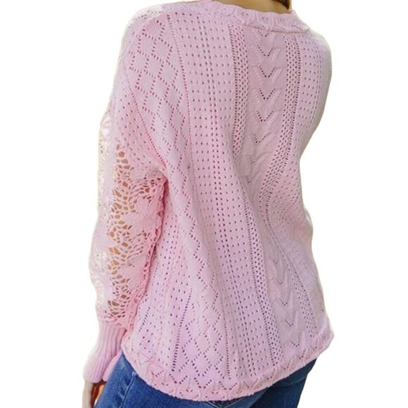 Women's Pink Lace Crochet Sleeve Romantic Boho Slouchy Chunky Sweater Top Size M - Picture 4 of 16